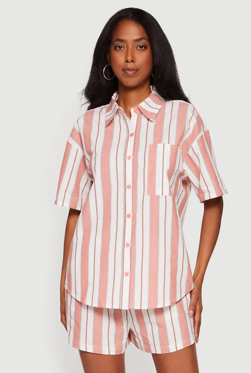 Striped Button Front Short Sleeve Shirt