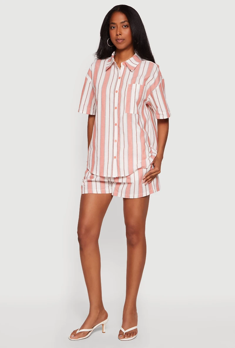 Striped Button Front Short Sleeve Shirt