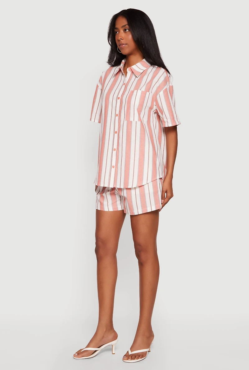 Striped Button Front Short Sleeve Shirt