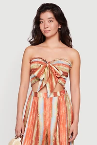 Patterned Tie Front Smocked Crop Top
