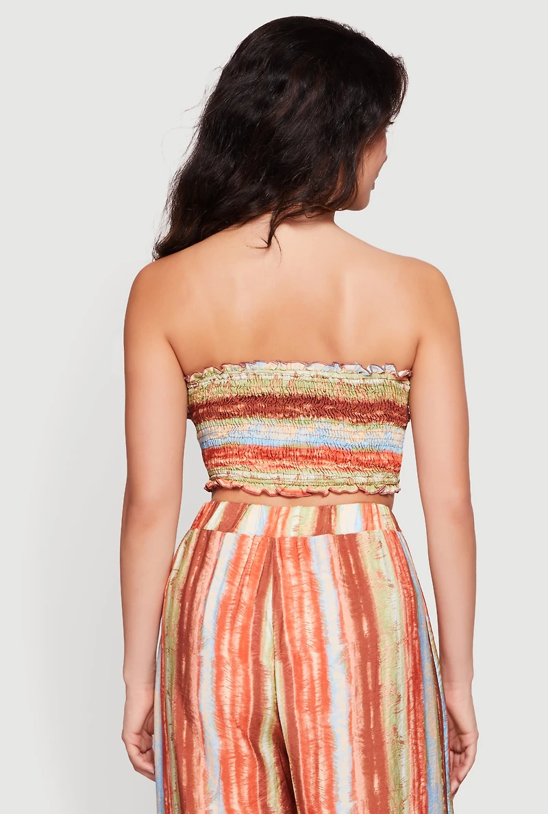 Patterned Tie Front Smocked Crop Top