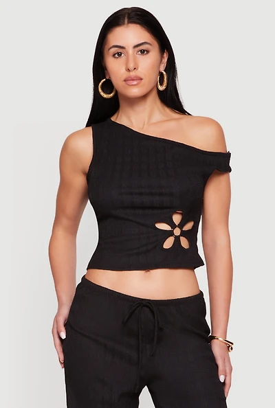Flower Keyhole Textured Knit One Shoulder Blouse