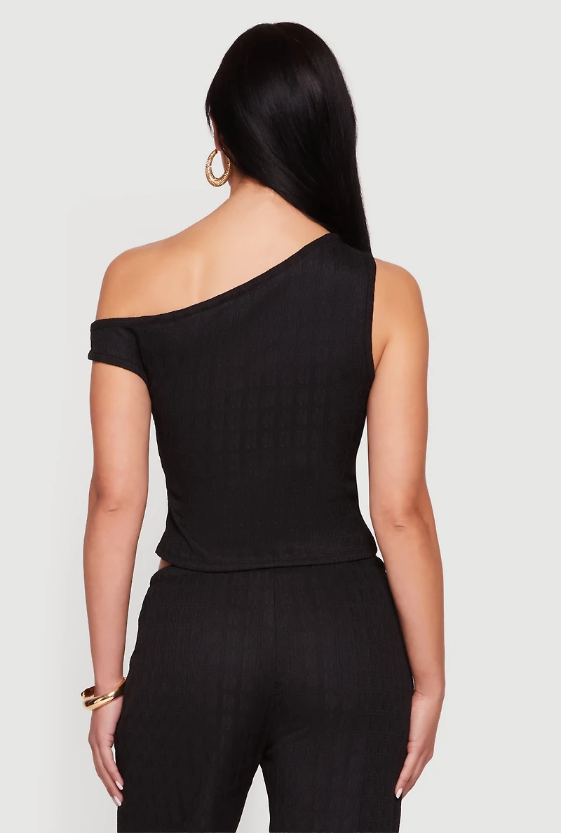 Flower Keyhole Textured Knit One Shoulder Blouse