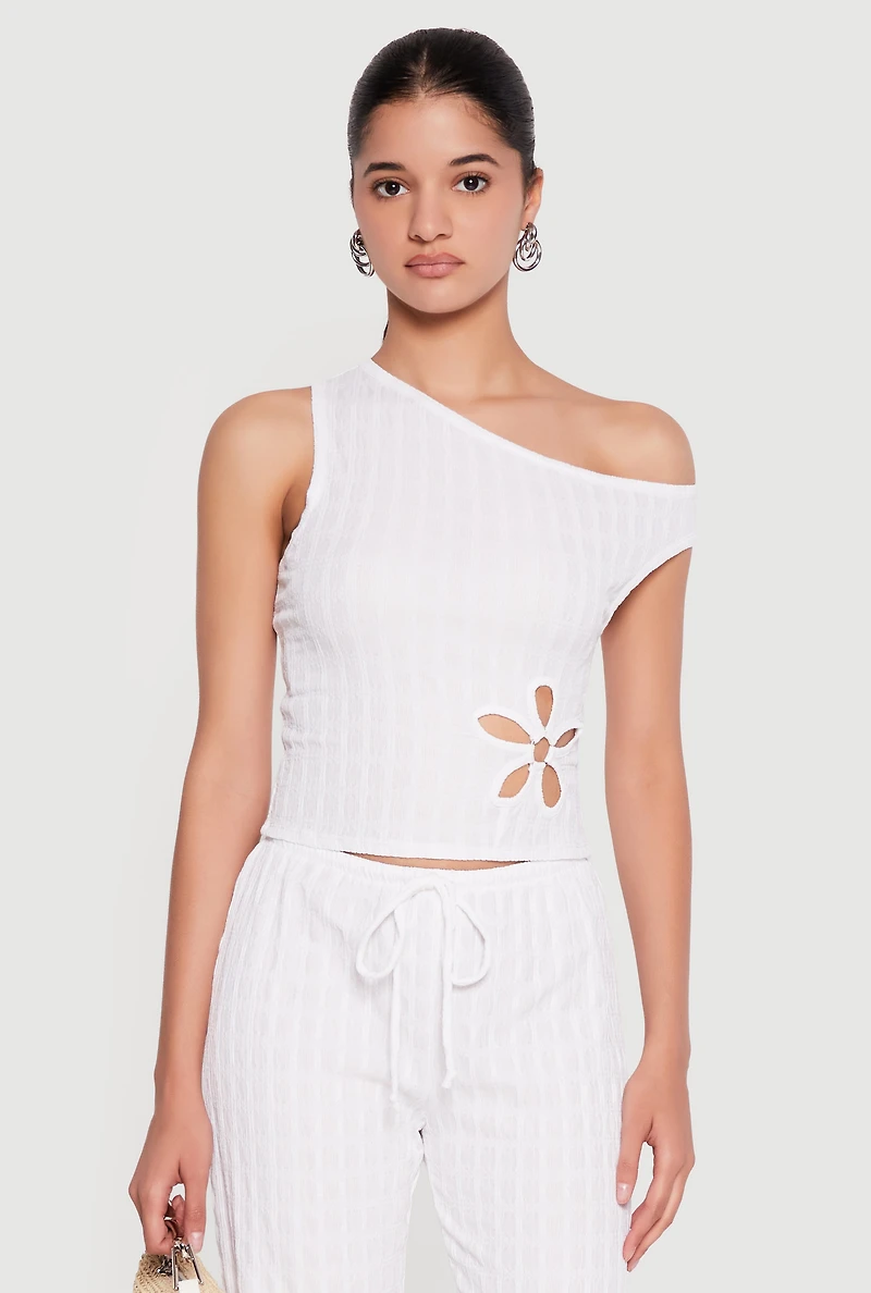 Flower Keyhole Textured Knit One Shoulder Blouse