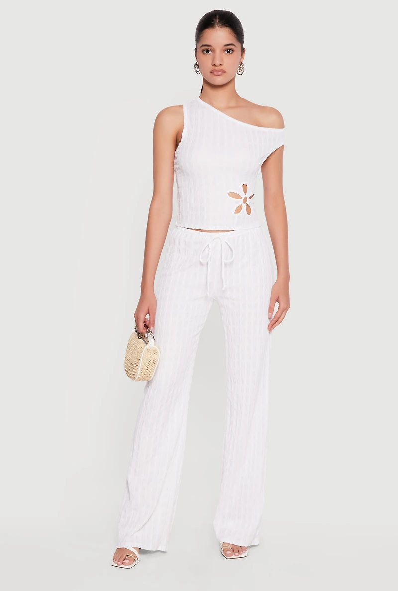 Flower Keyhole Textured Knit One Shoulder Blouse