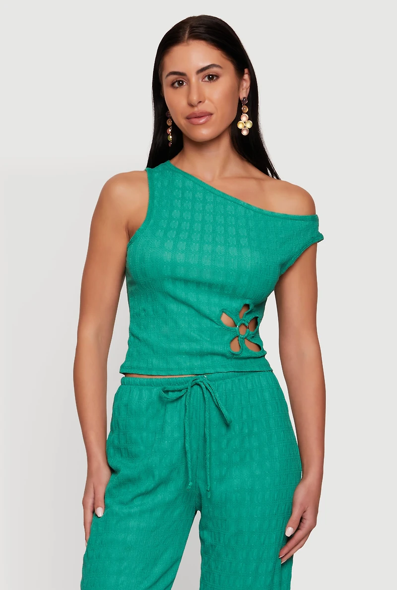Flower Keyhole Textured Knit One Shoulder Blouse