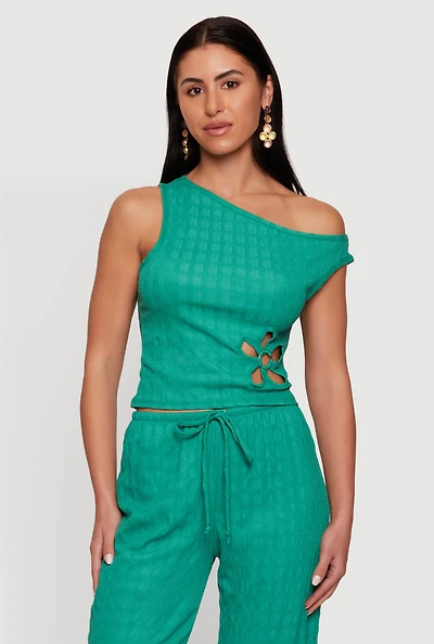 Flower Keyhole Textured Knit One Shoulder Blouse