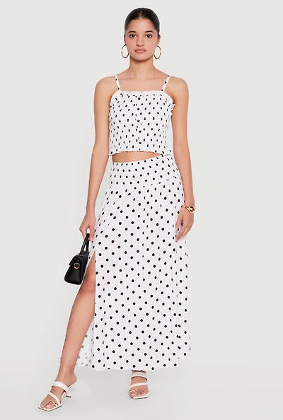 Smocked Drop Waist Polka Dot Side Slit Skirt