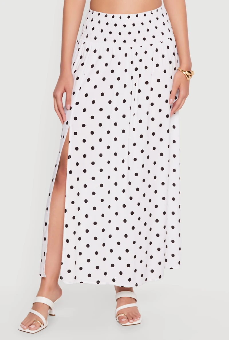 Smocked Drop Waist Polka Dot Side Slit Skirt
