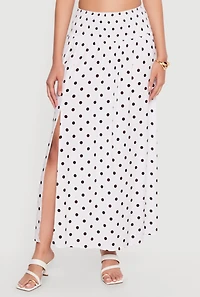 Smocked Drop Waist Polka Dot Side Slit Skirt