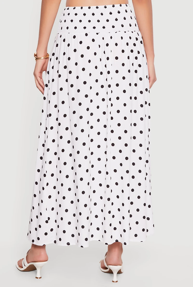 Smocked Drop Waist Polka Dot Side Slit Skirt