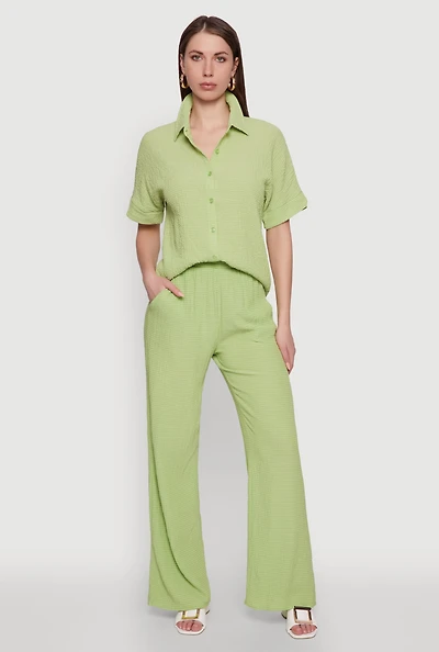 Womens Stylish High Waisted Textured Knit Casual Pants, Green, Size M