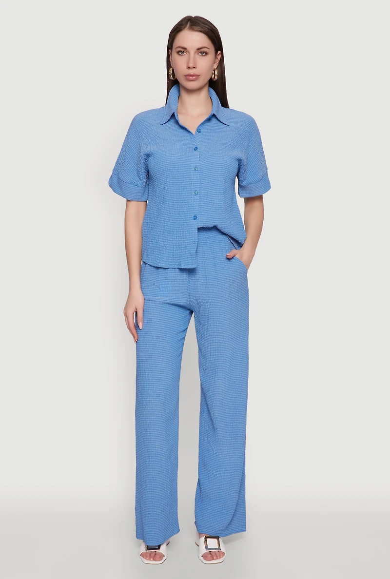 Womens Stylish High Waisted Textured Knit Casual Pants, Blue, Size M