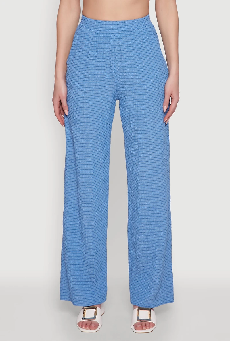 Womens Stylish High Waisted Textured Knit Casual Pants, Blue, Size M