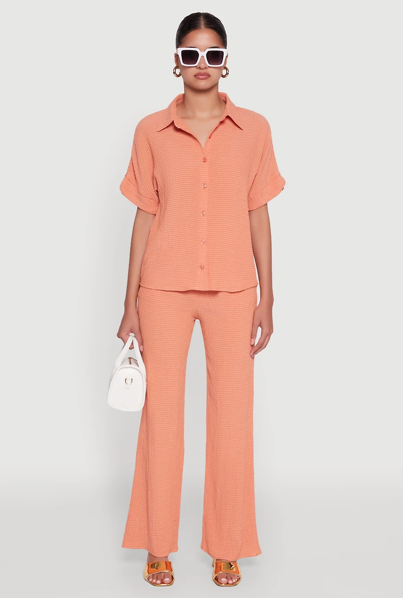 Womens Stylish High Waisted Textured Knit Casual Pants, Orange, Size L