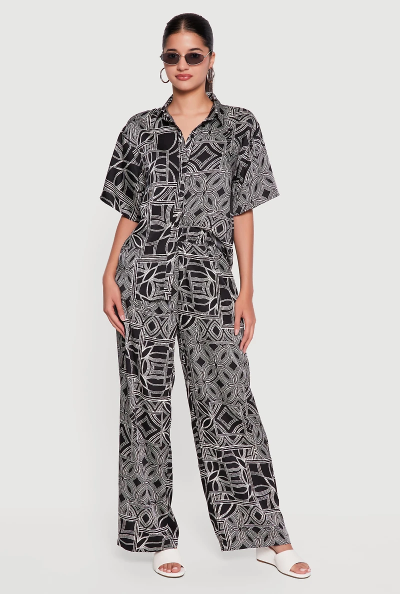 Printed Pattern Button Front Short Sleeve Shirt