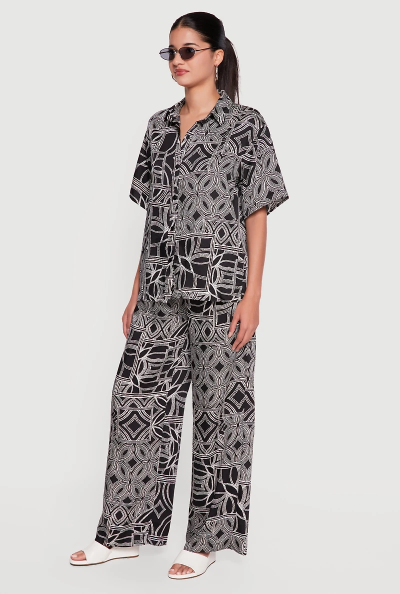 Printed Pattern Button Front Short Sleeve Shirt