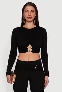 Womens Cut Out Metallic Detail Long Sleeve Crop Top, XL