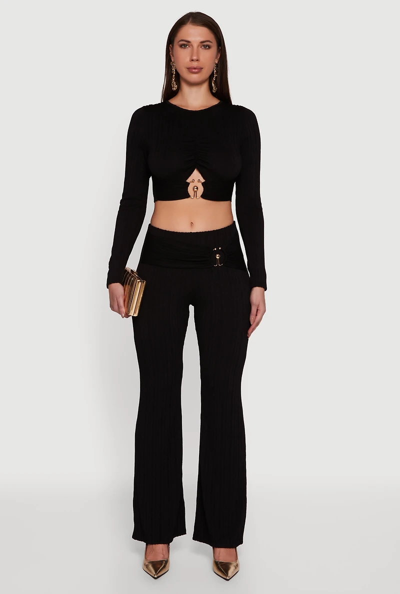 Cut Out Metallic Detail Long Sleeve Crop Top