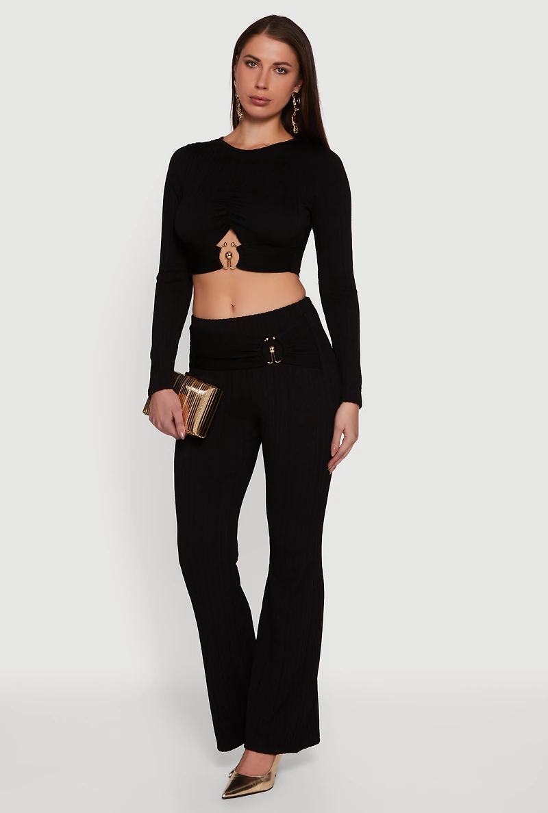 Womens Cut Out Metallic Detail Long Sleeve Crop Top,