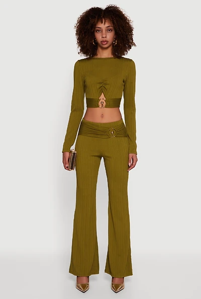 Metallic Detail Belted Front Flare Pants