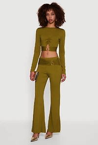 Womens Metallic Detail Belted Front Flare Pants, Green, Size S