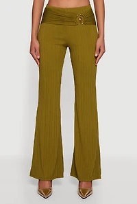 Womens Metallic Detail Belted Front Flare Pants, Green, Size S