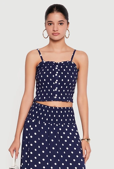 Polka Dot Ruffle Hem Smocked Crop Top