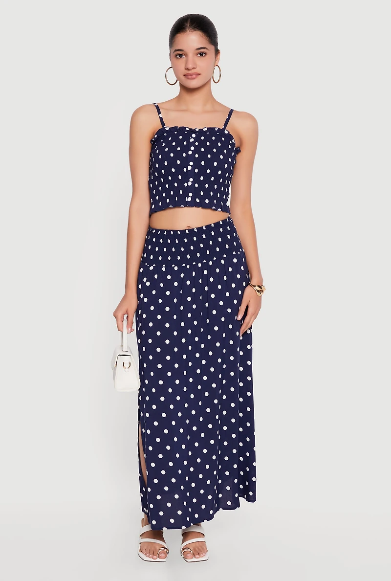 Polka Dot Ruffle Hem Smocked Crop Top