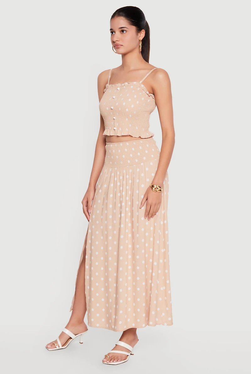 Polka Dot Ruffle Hem Smocked Crop Top