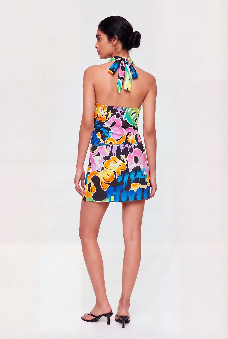 Satin Graffiti Print Halter Top