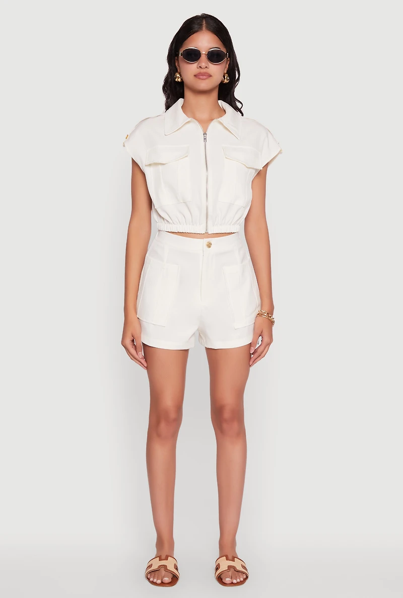 Womens Chic Twill Cropped Jacket with Cargo Pockets and Zippers, White,