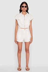 Womens Chic Twill Cropped Jacket with Cargo Pockets and Zippers, White,