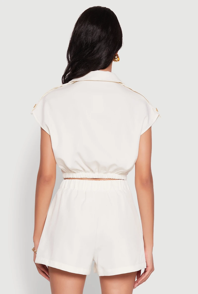 Womens Chic Twill Cropped Jacket with Cargo Pockets and Zippers, White,