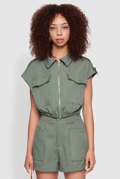 Chic Twill Cropped Jacket with Cargo Pockets and Zippers