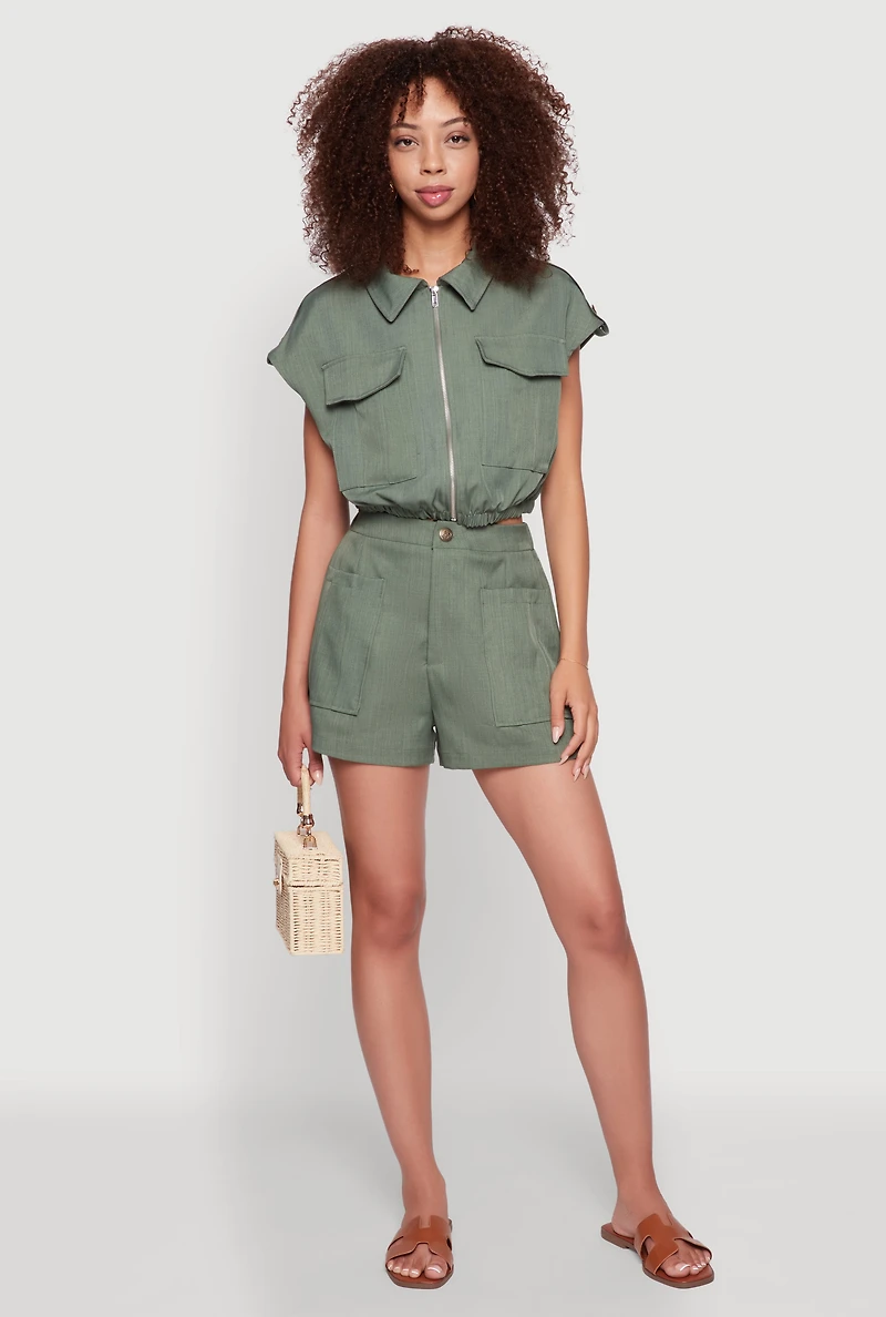 Womens Chic Twill Cropped Jacket with Cargo Pockets and Zippers, Green, Size S