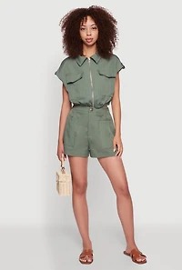 Womens Chic Twill Cropped Jacket with Cargo Pockets and Zippers, Green, Size S