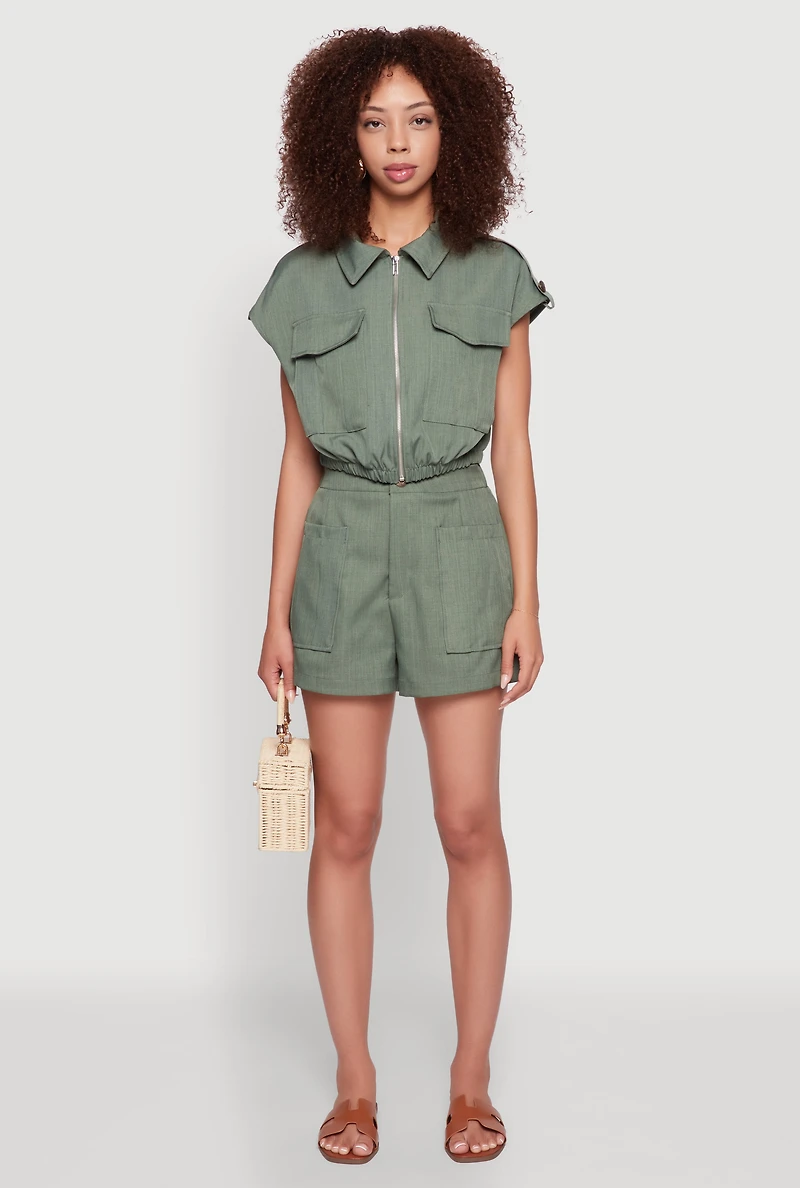Womens Chic Twill Cropped Jacket with Cargo Pockets and Zippers, Green, Size S