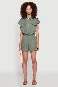 Womens Chic Twill Cropped Jacket with Cargo Pockets and Zippers, Green, Size S