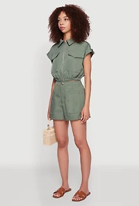 Womens Chic Twill Cropped Jacket with Cargo Pockets and Zippers, Green, Size S