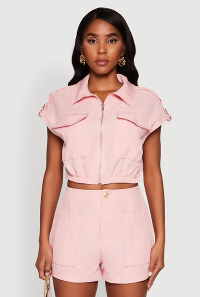 Womens Chic Twill Cropped Jacket with Cargo Pockets and Zippers,