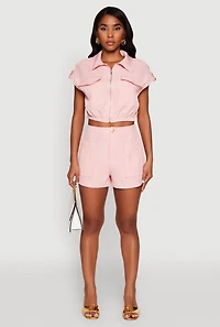 Womens Chic Twill Cropped Jacket with Cargo Pockets and Zippers, Pink, Size L