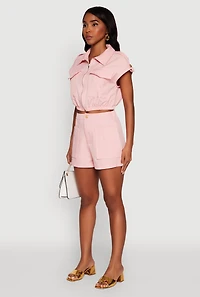 Womens Chic Twill Cropped Jacket with Cargo Pockets and Zippers, Pink, Size L