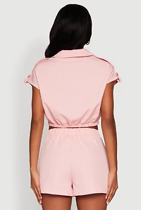 Womens Chic Twill Cropped Jacket with Cargo Pockets and Zippers, Pink, Size L