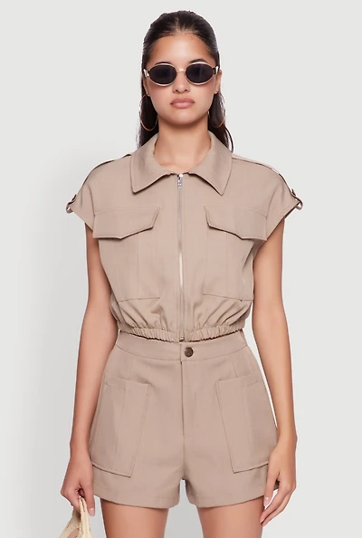 Womens Chic Twill Cropped Jacket with Cargo Pockets and Zippers,