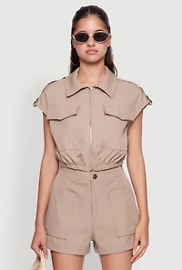 Womens Chic Twill Cropped Jacket with Cargo Pockets and Zippers,