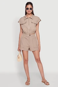 Womens Chic Twill Cropped Jacket with Cargo Pockets and Zippers,