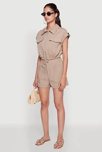 Womens Chic Twill Cropped Jacket with Cargo Pockets and Zippers,