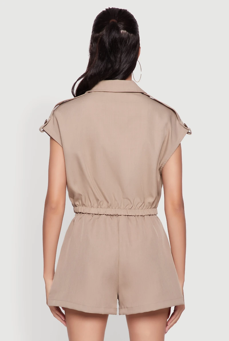 Womens Chic Twill Cropped Jacket with Cargo Pockets and Zippers,