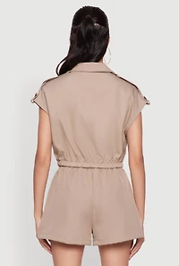 Womens Chic Twill Cropped Jacket with Cargo Pockets and Zippers,